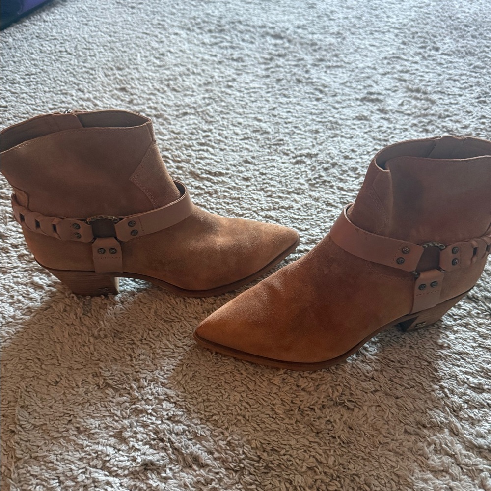 Sam Eldeman Tan Suede Ankle Boots with Strap Detail